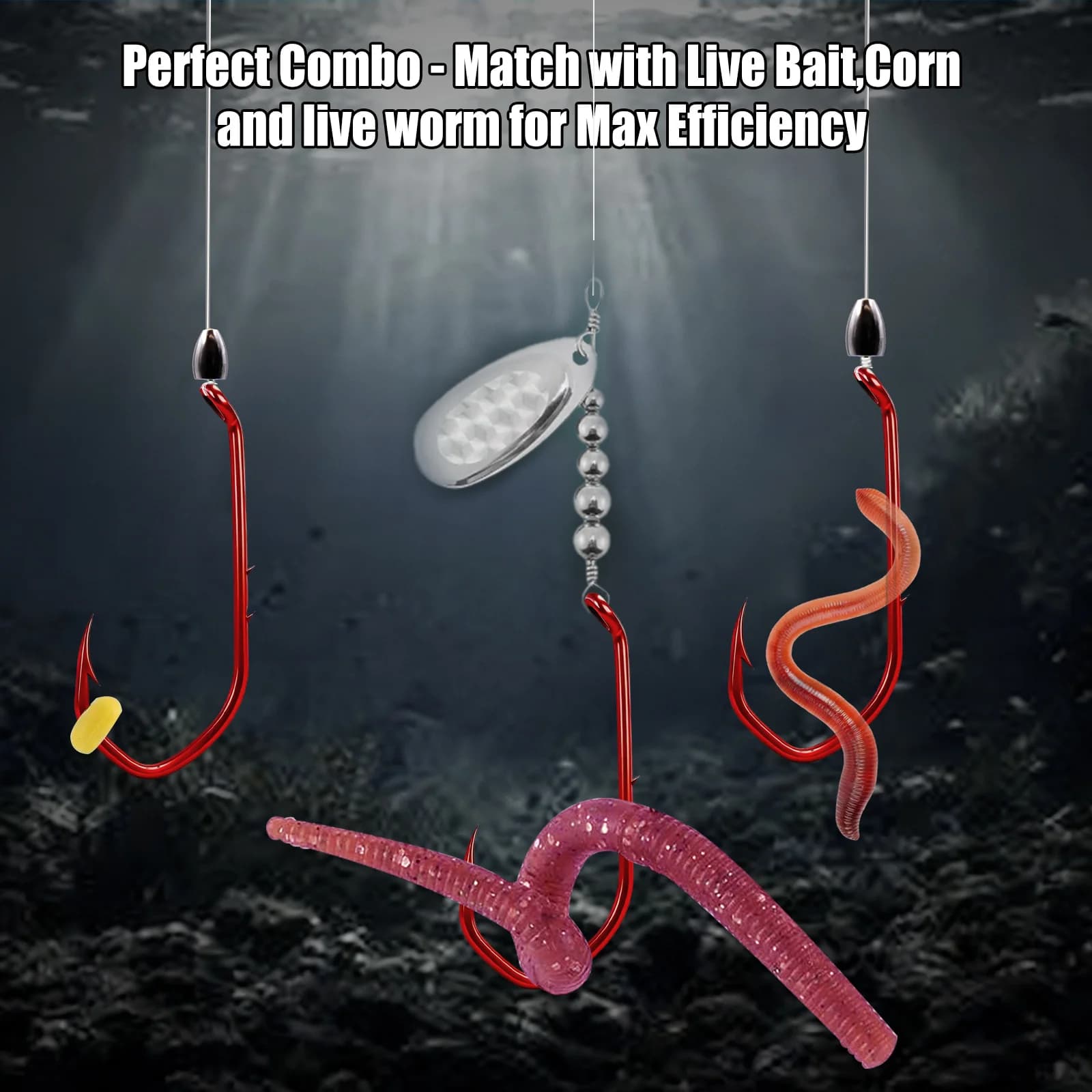 Červené offsetové háčky s držákem nástrahy, styl V-bend Worm